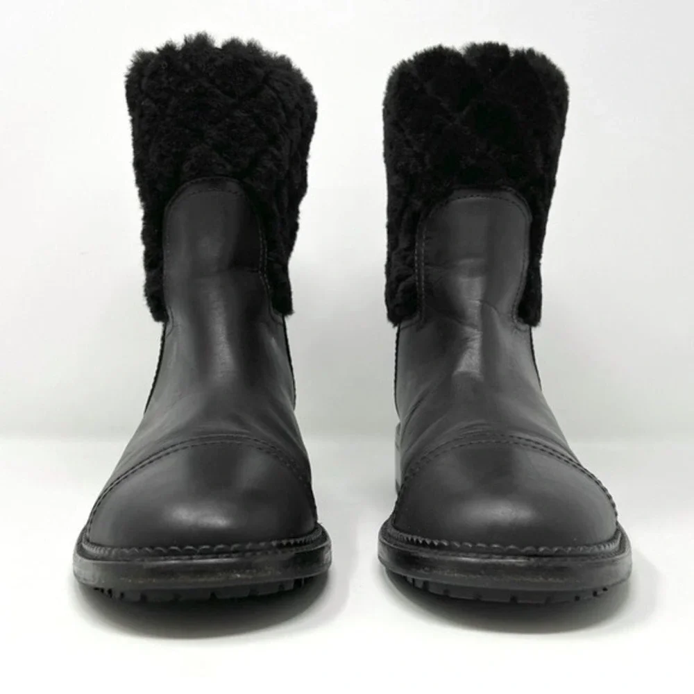 Chanel Quilted‎ Leather Shearling CC Mid Calf Winter Boots Black EU 39.5